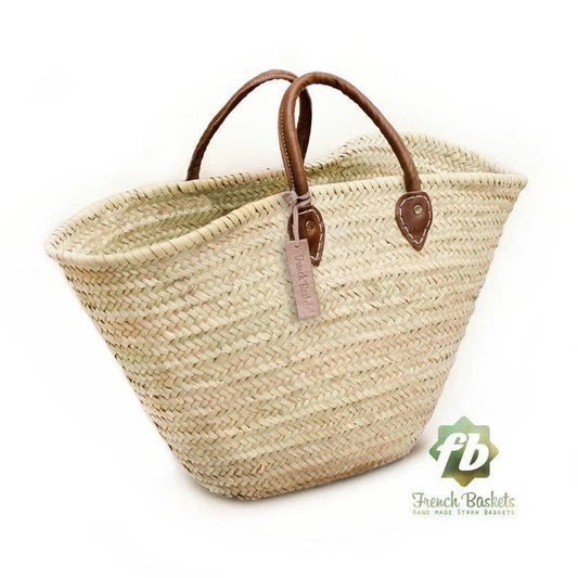 French Straw Market Bag with Classic Leather Handle, Handmade in Morocco 