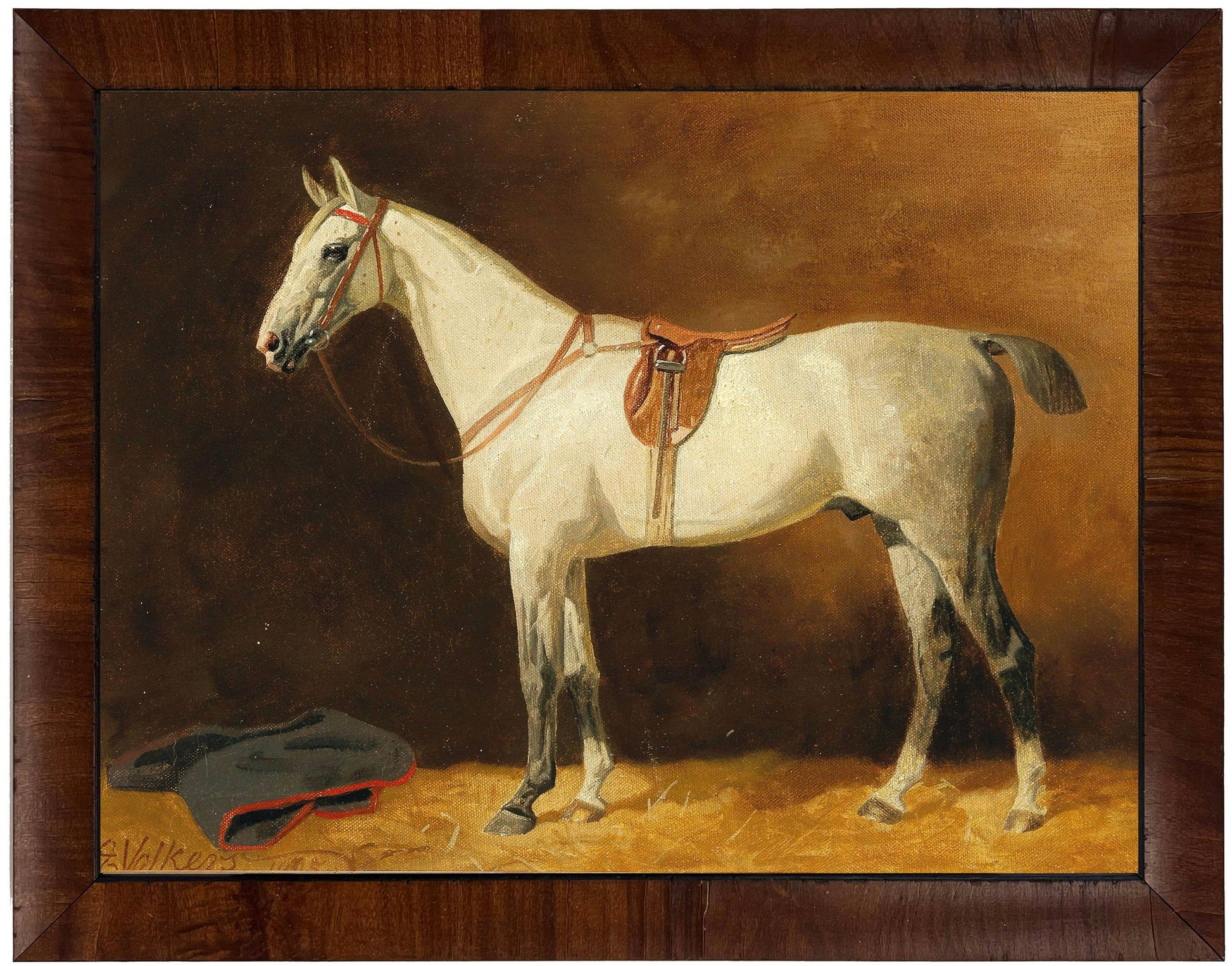 Oil Painting Reproduction of White Horse with English Saddle Burled Walnut Frame