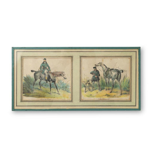 Orignal handpainted antique lithograph by V. Adam (1830) of two hunting horses.