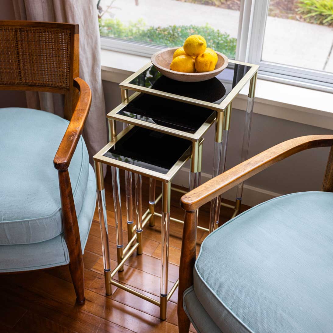 Timeless 80's Glamour: Lucite, Gold, and Black Lacquered Nesting Tables.  