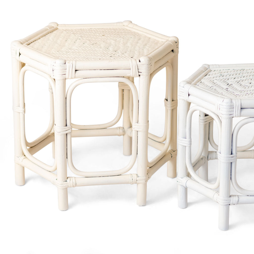 Vintage wicker and bamboo white Indoor and outdoor nesting tables