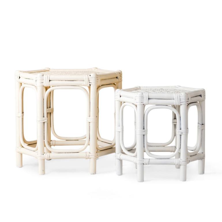 Vintage wicker and bamboo white Indoor and outdoor nesting tables