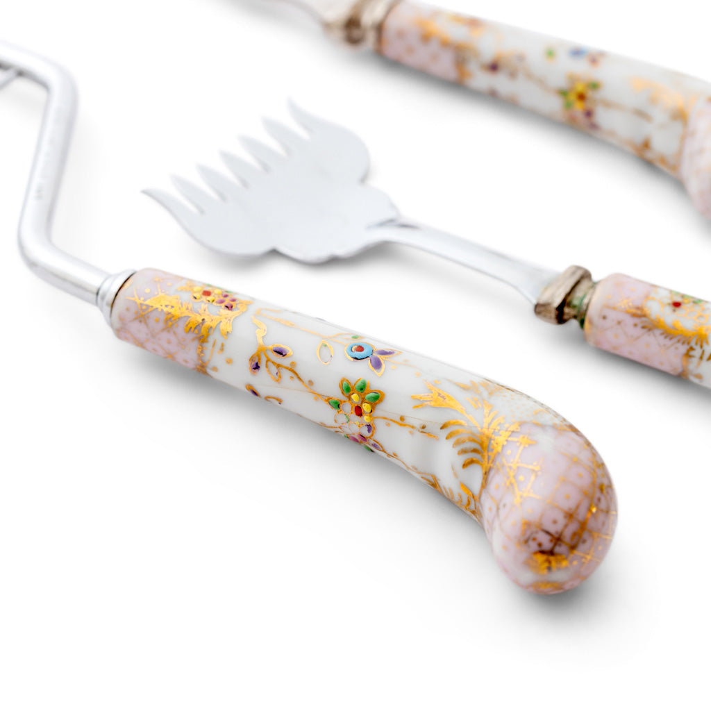 Porcelain and Enamel Handled House of Prill Carving Set in Rare Garden Flowers Design