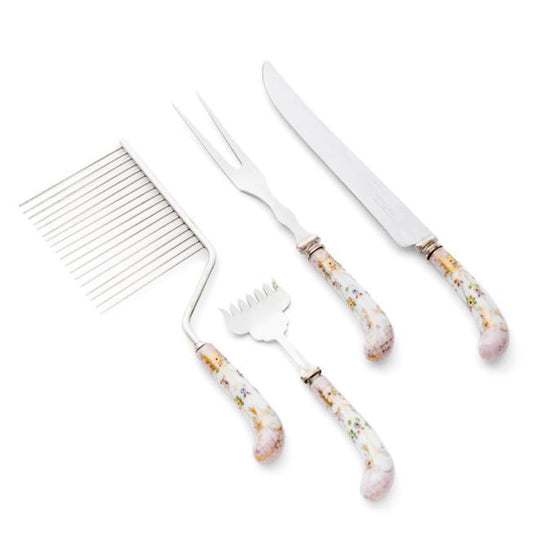 Porcelain and Enamel Handled House of Prill Carving Set in Rare Garden Flowers Design