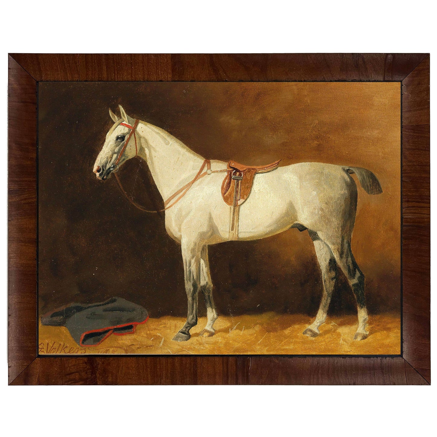 Oil Painting Reproduction of White Horse with English Saddle Burled Walnut Frame