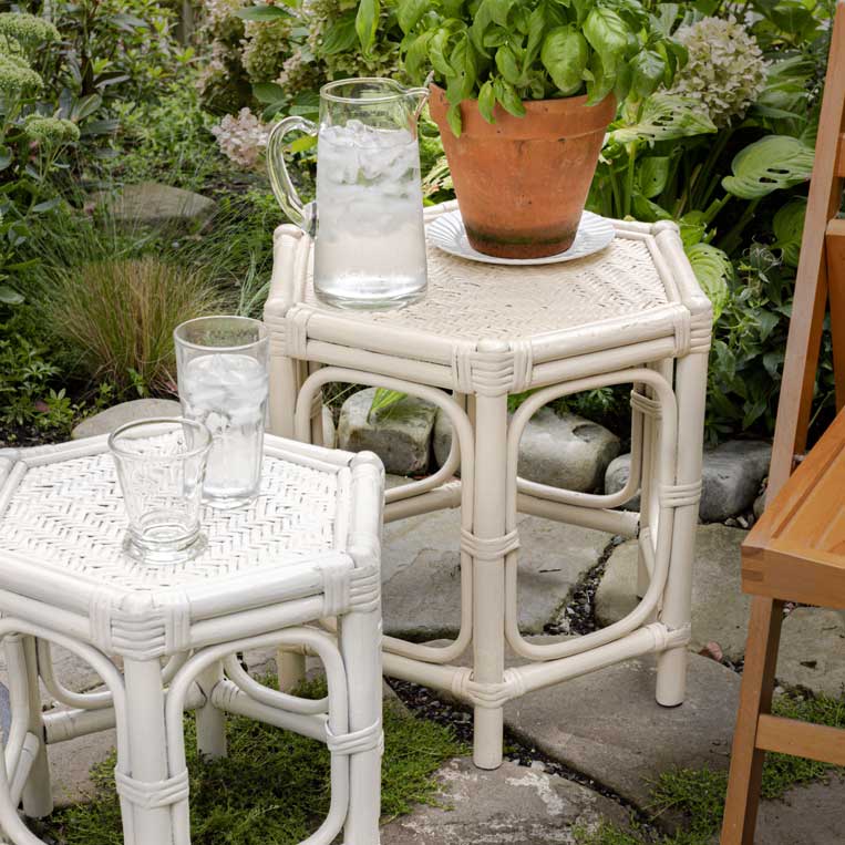 Vintage Wicker and Bamboo White/Cream Indoor and Outdoor Nesting Tables